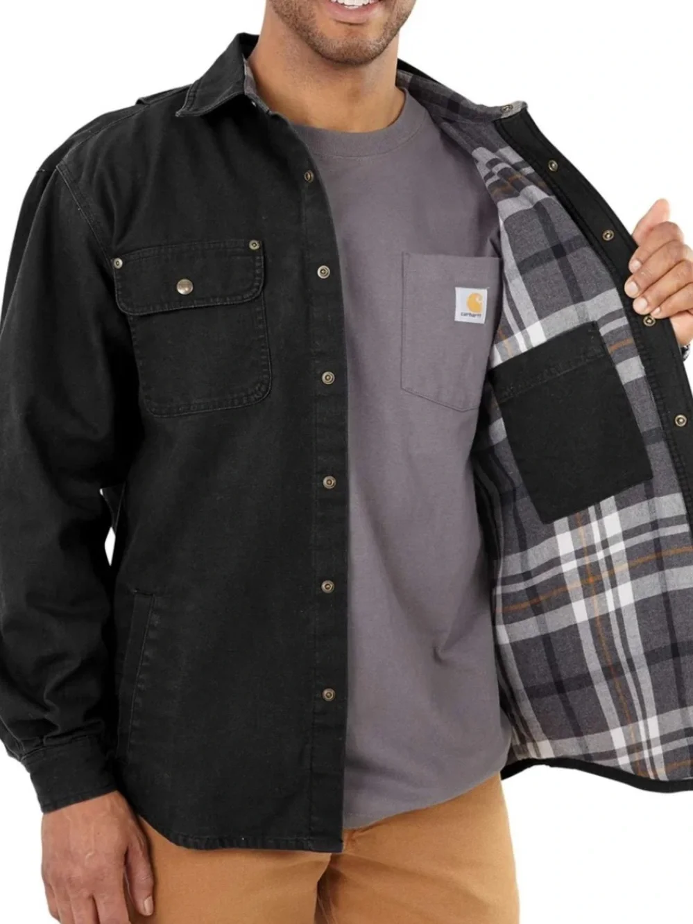 Carhartt Black Flannel Linned Heavy Duty Canvas Work Shirt Jacket